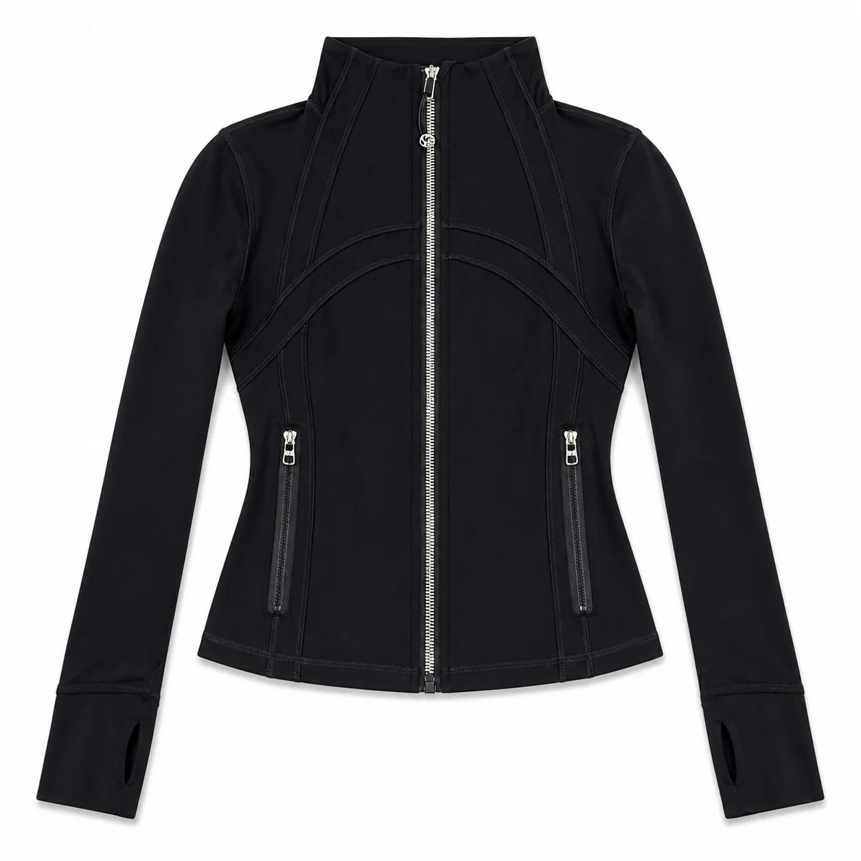Women's Black Slim Fit Sports Jacket Full Zip Long Sleeve Running Yoga Top with Thumb Holes and Zipper Pockets
