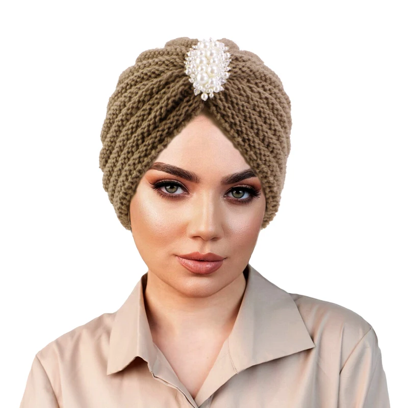 New Women Vintage Bead Knitted Turban Thick Coldproof Elastic Head Wraps Casual Knit Hats Warm Pleated Beanies Chemo Cap