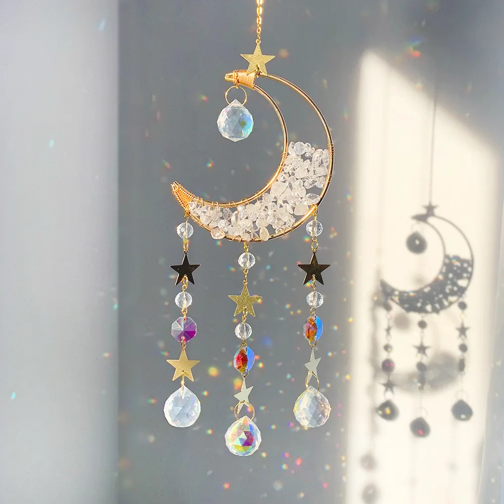 Custom Clear Quartz Chip Stone Crescent Moon Sun Catcher - Glass Pendants Hanging Ornament for Window Decor