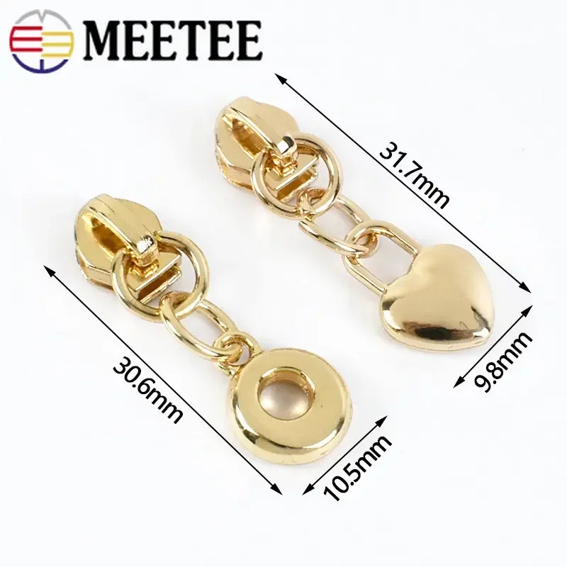 10/50Pcs Meetee Metal 3# Zipper Sliders for Nylon Zippers Heart Pendant Zips Puller Hometextile Zip Head Replacement Accessories