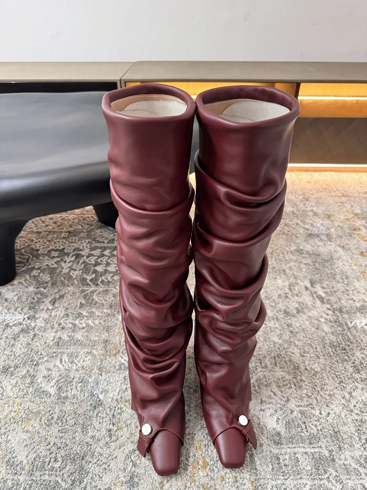 

Осень-зима 2021, новый стиль, ретро-стиль, пуговицы, прямой цилиндр, длинные стильные ботинки, женские модные красные кожаные ботинки