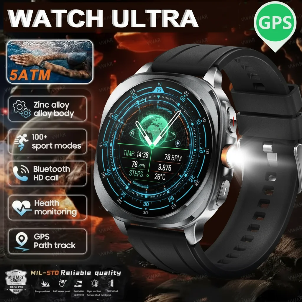 

2025 New Ultra Smart Watch Built-in GPS Compass Altimeter 3ATM Waterproof Bluetooth Call AMOLED Men Sports Smartwatch Flashlight