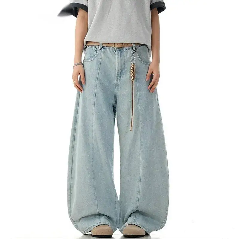 New Trendy Men Jeans Solid Color Deconstruction Machete Trousers American Wide Leg Loose Male All-match Denim Pants 9W5788