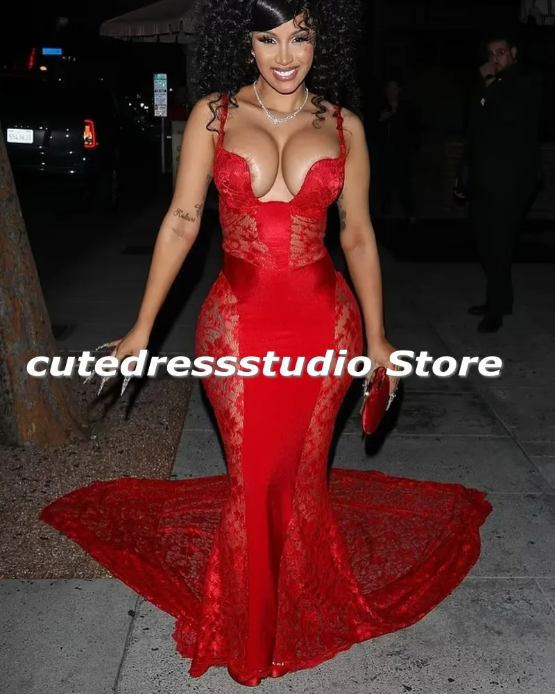 Sexy Red Prom Dresses For Black Girls 2024 Lace Party Gowns African Women Mermaid Evening Dress Court Train Customized