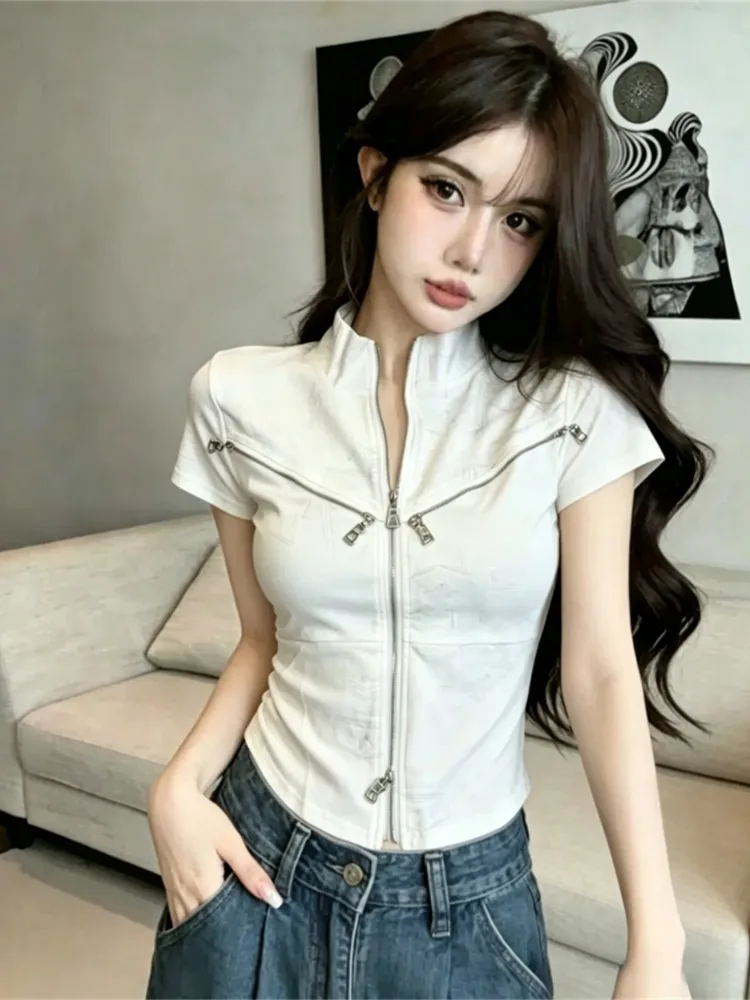 Slim Fit Short Sleeve T-Shirt Women's Design Summer High Street Double Zipper Stand Collar  Shirt City Walk Casual Top