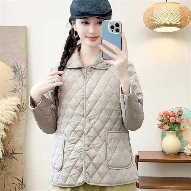 2025 Women's New Coat Winter Diamond Plaid Cotton Coat Mother's Warm Cotton Padded Coat Loose Female Cotton Jacket Thin Overcoat