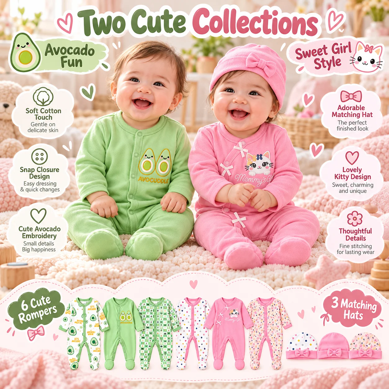 6Pcs Baby Footed Rompers Set Long Sleeve Infant Onesies Avocado and Pink Floral Print Newborn Baby Clothes