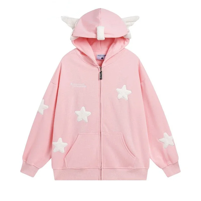 Y2k Korean Women Japanese Pink Star Wings Girl Zip Up Hoodie Kawaii Hooded Cute Sweet Sweatshirts Jacket Oversized Clothes