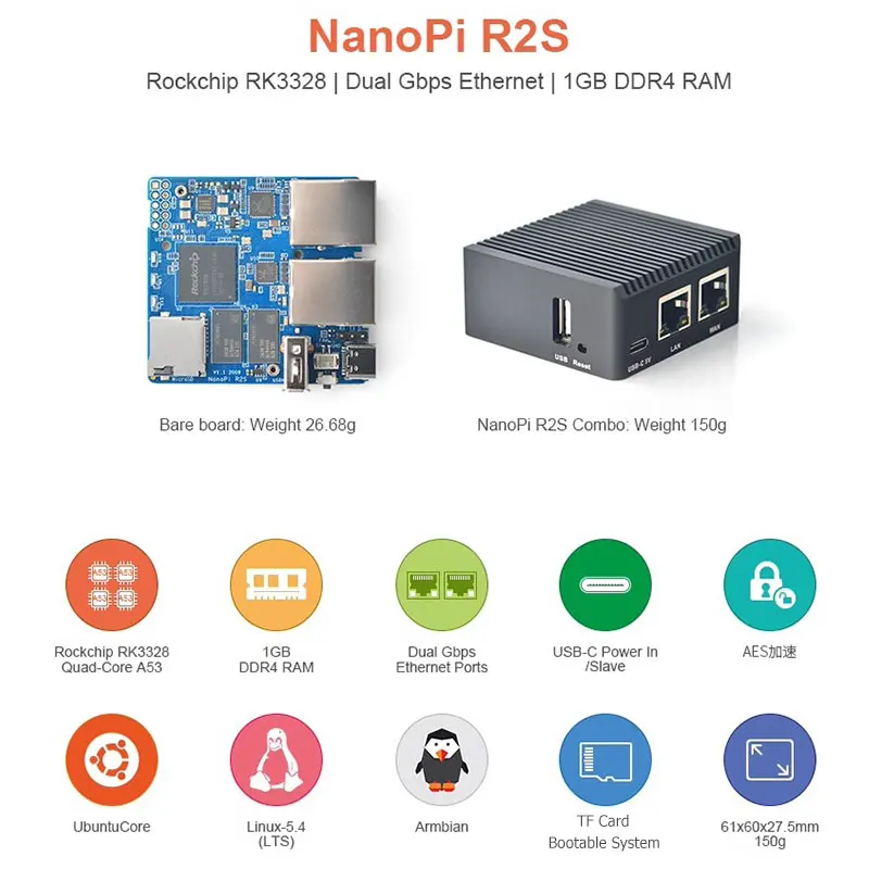 Nanopi r2s rockchip rk3328 1gb ram mini router dual gigabit port optional cnc metall gehäuse