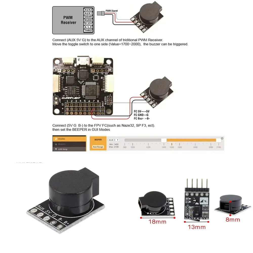 Matek Lost Model Beeper Flight Controller 5V Loud Buzzer Built-in MCU for FPV Drone Multicopters RC Quadcopter Tracking Device