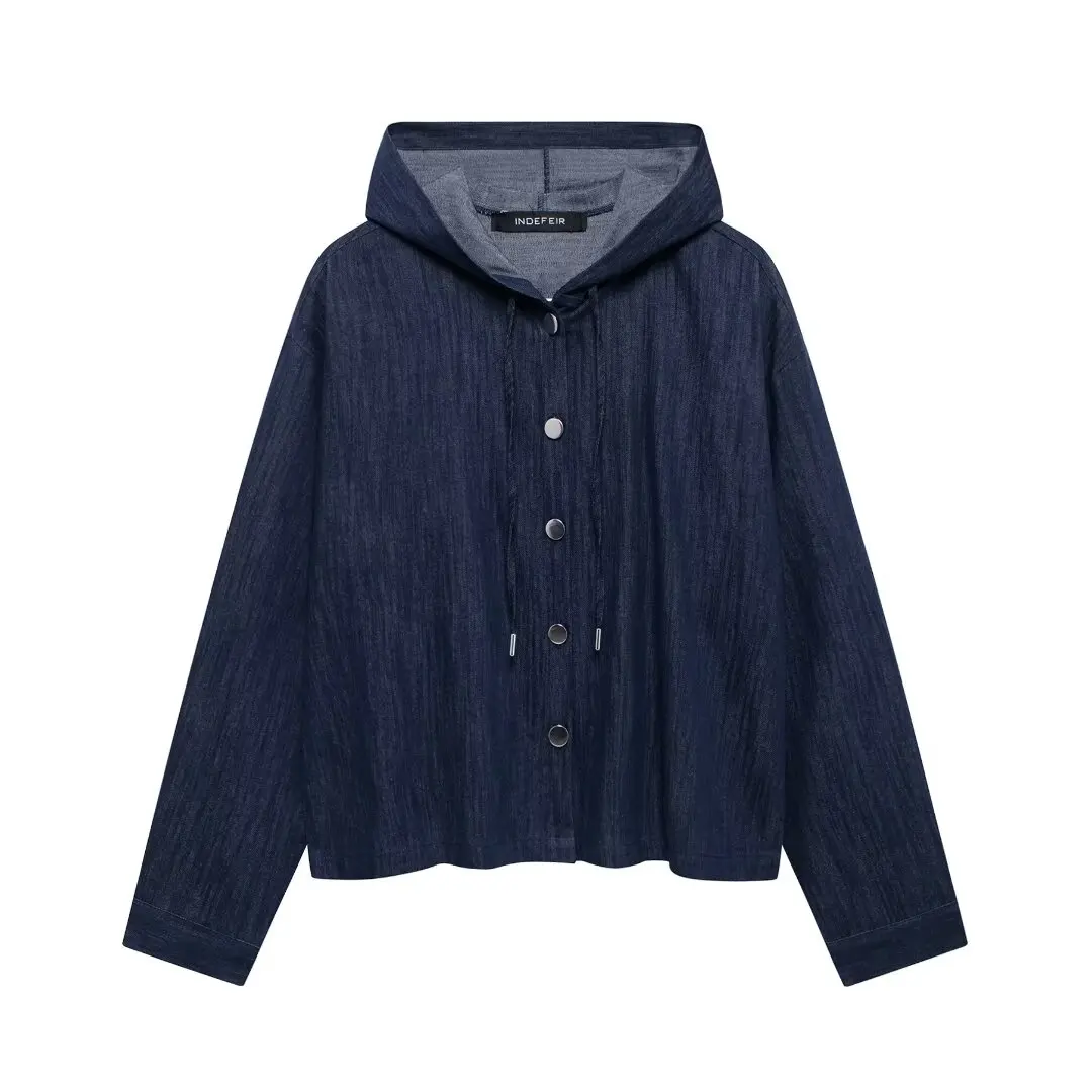 Tangada 2024 Women Oversized Blue Denim Hood Shirt Long Sleeve Female Loose Blouse Tops 3H882