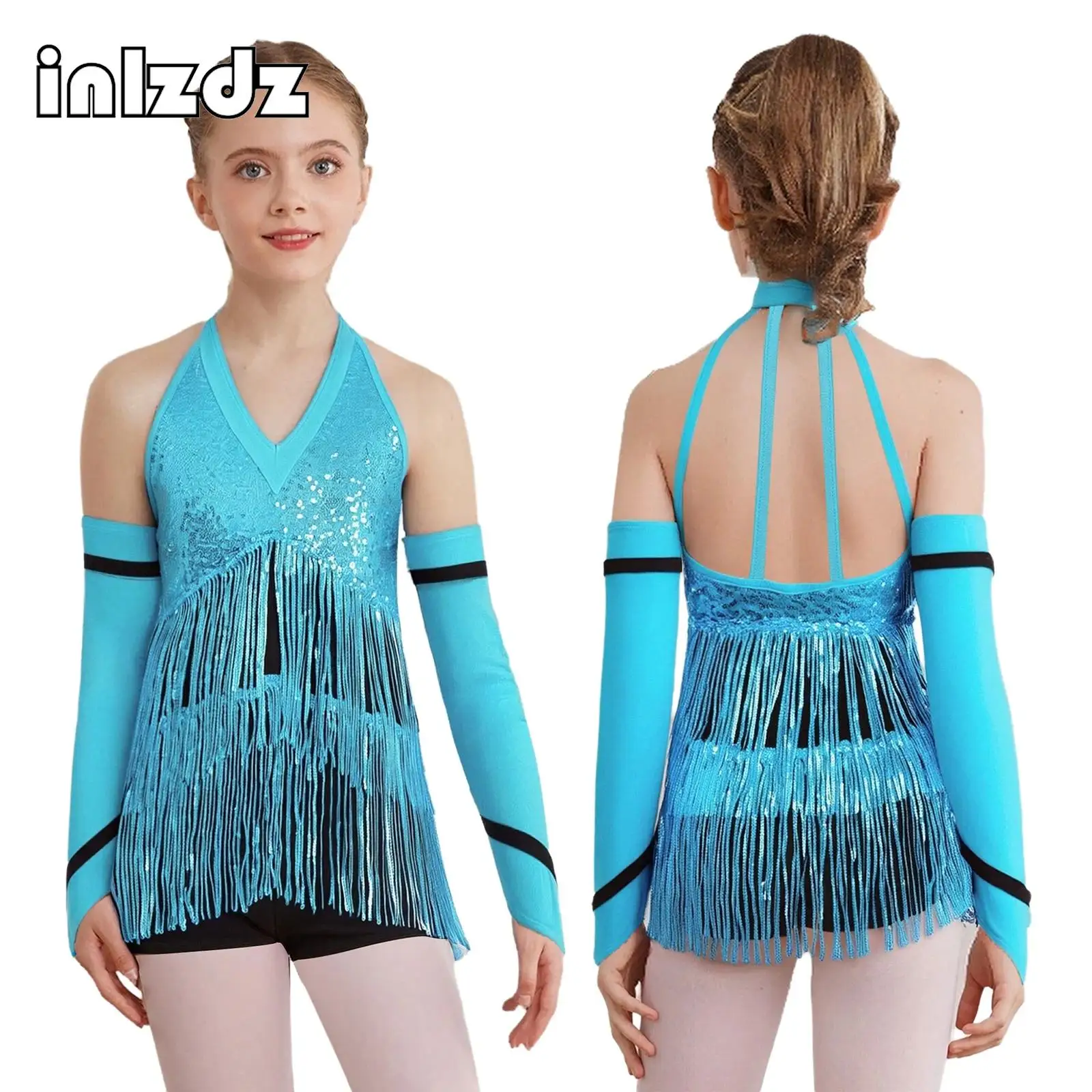 

Kids Girls Latin Jazz Dance Outfit Tango Cha-cha Samba Dancing Performance Costume Halter Sleeveless Sequins Leotard with Gloves