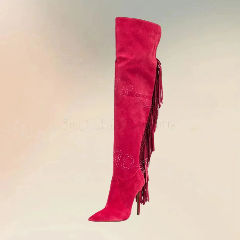 ローズレッドタッセルスエードポインテッドトゥブーツサイドジッパー女性用シューズ細ヒールハイヒール新作パーティー宴会デート2025女性用靴