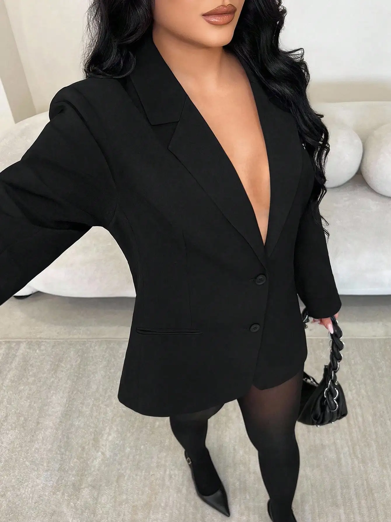 سترة نسائية سوداء كبيرة الحجم، بأسلوب أنيق وبسيط، متعددة الاستخدامات للمناسبات العادية والمكتب والحفلات والمواعيد