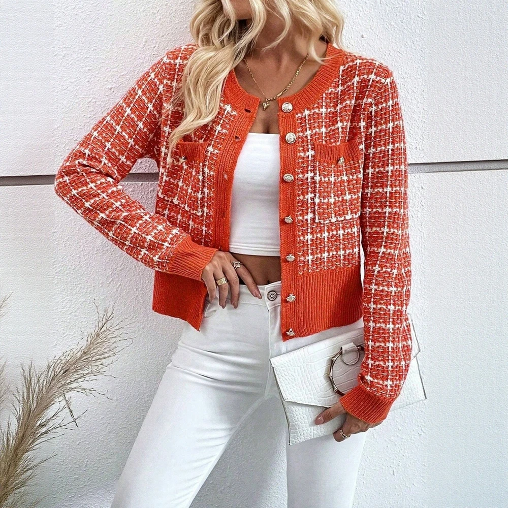 

Женский кардиган с длинными рукавами и круглым вырезом, свободный крой, открытый стиль, украшение на пуговицах для поездок на работу, обычный рукав