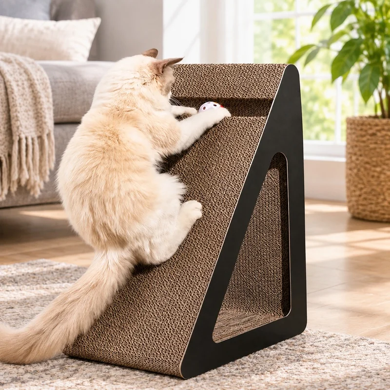 Triangle-Shaped Cardboard Cat Scratcher with Spinning Balls, Interactive Pet Toy for Stress Relief