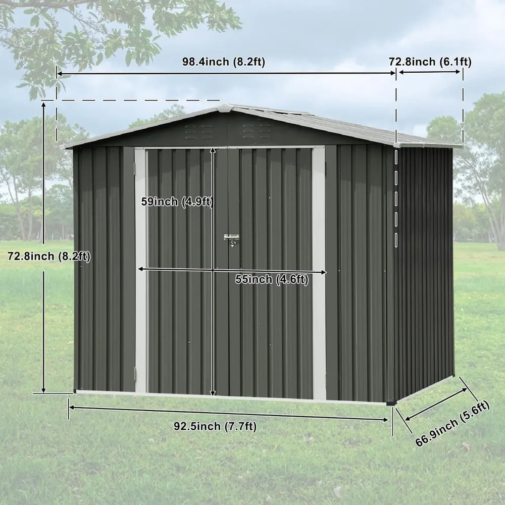 屋外収納小屋、通気口付きのポータブル金属小屋、裏庭の庭用の二重ロック可能なドア、6x8フィート