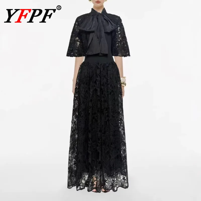 

YFPF Luxury Women's Dress Lace Bow Bandage Flare Sleeve Design High Waist A Line Party Long Dresses Elegant Fashion New Clothing
