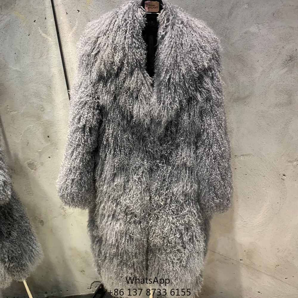 

2024 Gray Mongolian Fur Coats Trendy Curly Long Fur Coat Women Long Sheep Fur Coat