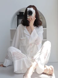 Lace Hollowed Out Ice Silk Pajamas Set Spring Autumn Women's 2024 New Imitation Satin High-end Lace Home Suit Sexy Sleepwear