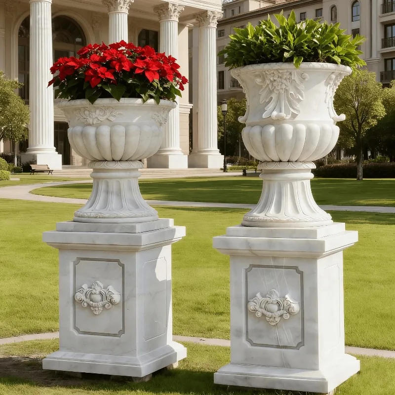 hand-carved natural white marble flower pot Large outdoor stone flower pot vase Suitable for villa garden landscape decoration