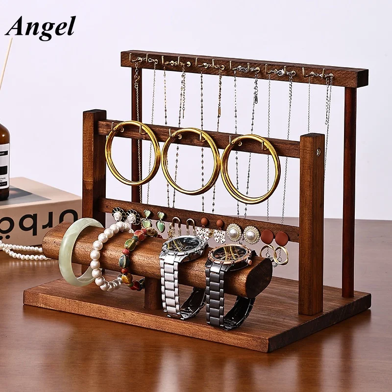 Walnut Jewelry Display Stand, Multi-layer Holder Organizer for Necklace Ring Earring Bracelet, Vintage Storage Showcase for Stor
