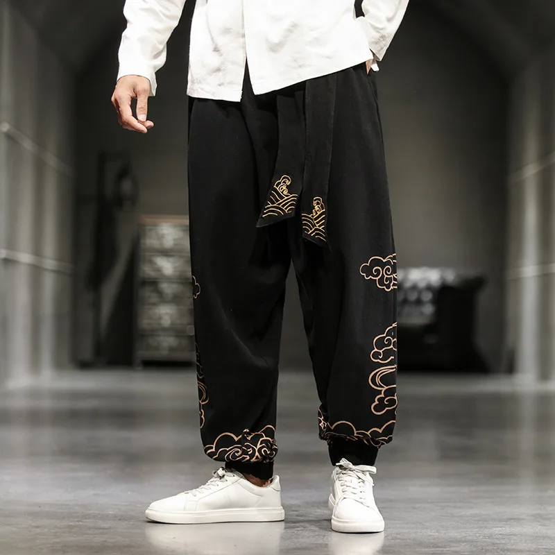 New Chinese Style Retro Auspicious Clouds Print Pants Men Autumn Fashion Clothes Loose Casual Wide Leg Pants Harem Pants