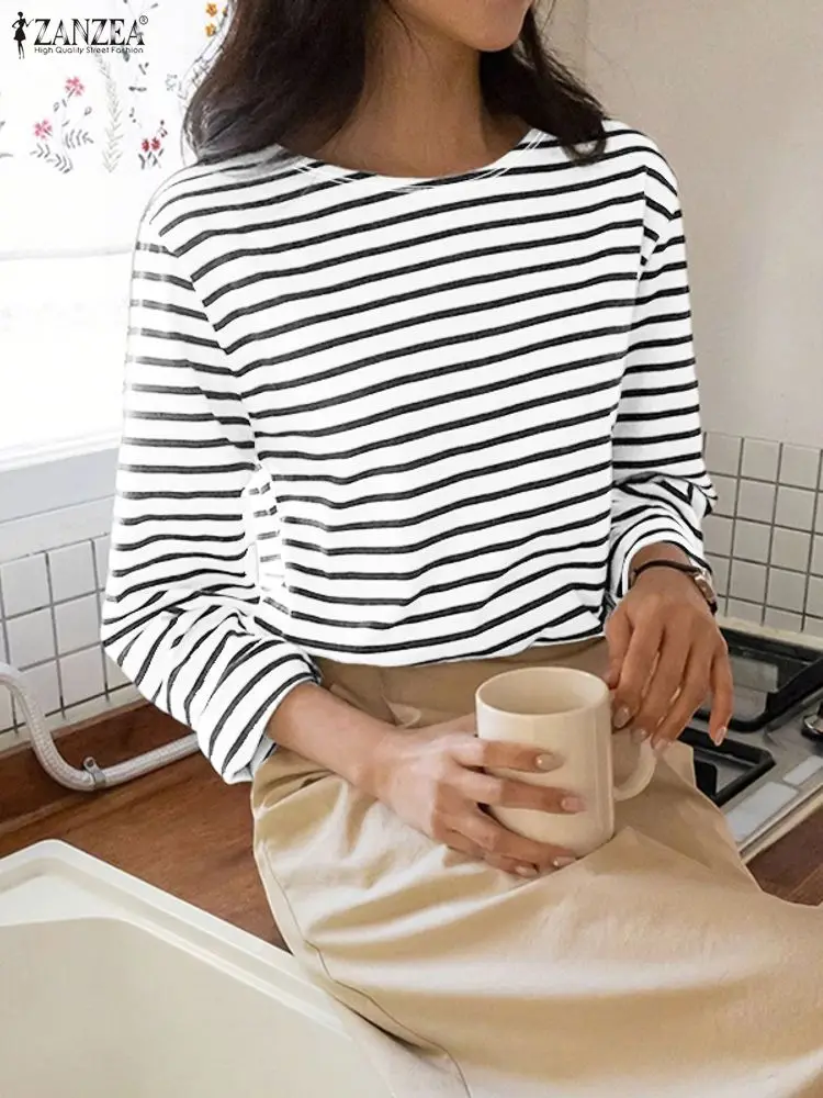 2025 outono blusa zanzea feminino o pescoço manga longa topos listra túnica elegante camisa de trabalho oversize chemise casual solto pulôver