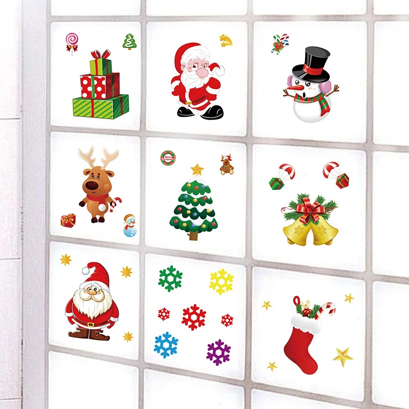 Christmas Electrostatic Sticker Window Clings Decal Cartoon Santa Claus Snowman Snowflake Refrige Wall Stickers Xmas Decorations