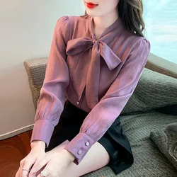 Fashion V-Neck Chiffon Lace Up Bow Shirt Women's Clothing 2024 Spring New Korean Tops Loose Office Lady Blouse