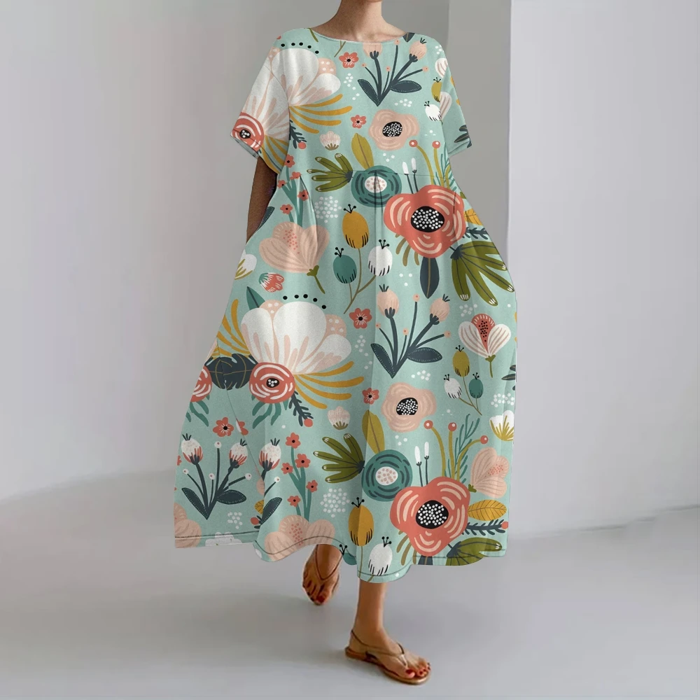 

Vibrant Flower Print Dress Casual Multi-Colored Blossom Dress Elegant Nature-Inspired Long Skirt With Rich Floral Patterns