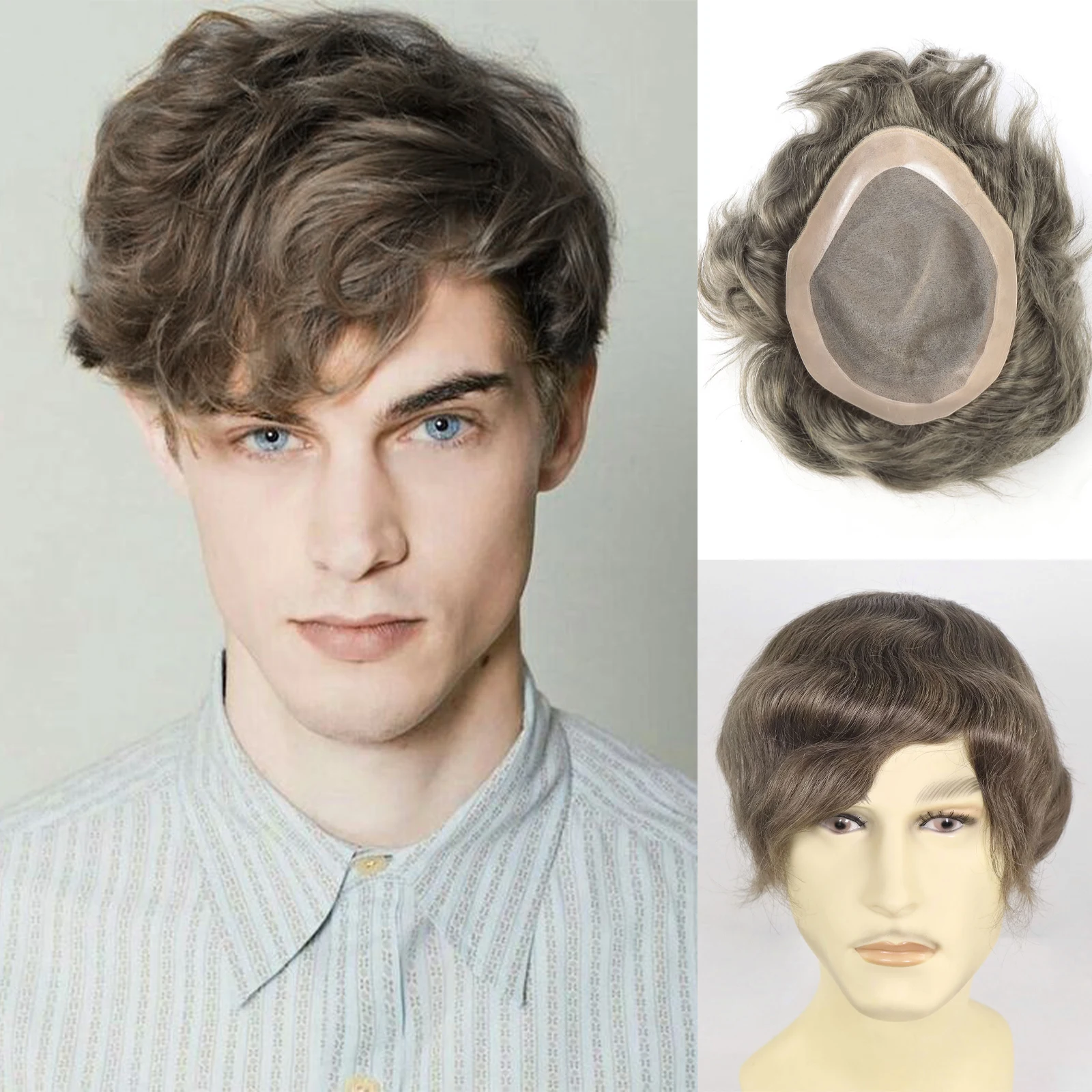 وحدة شعر بشري بني وحدة شعر مستعار للرجال قطعة شعر أحادية قابلة للتنفس مع قاعدة PU 8 × 10 بوصة نظام استبدال الشعر للرجال #1