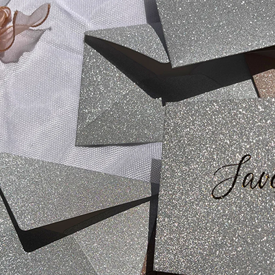 Luxury Champagne Custom LOGO Glitter Pocket Fold Envelope for Wedding Invitation Shiny Gift Packing Gold Foil Printing