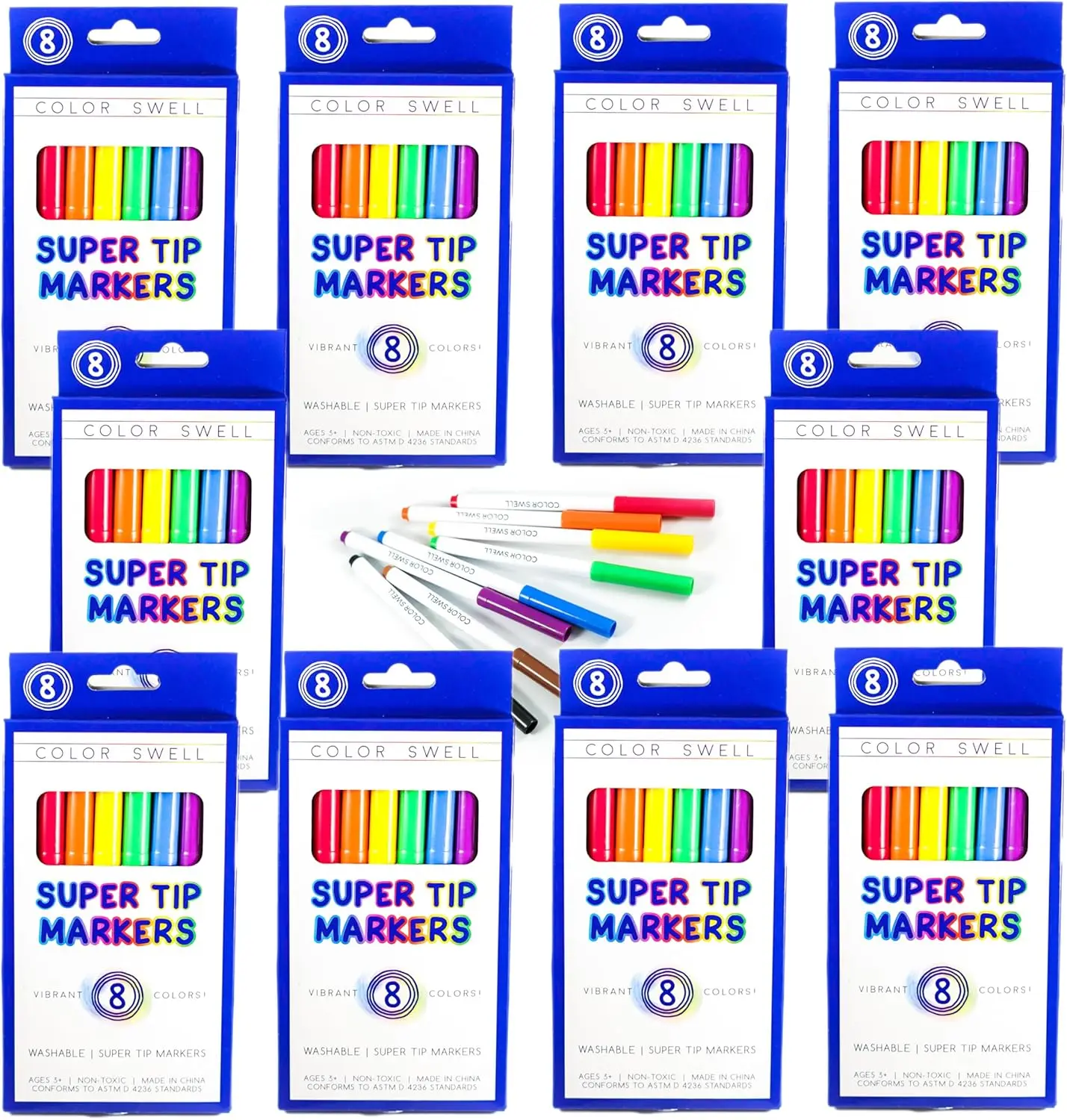 

80-Pack Washable Super Tip Markers, 10 Boxes of 8 Vibrant Colors for Kids Art Projects