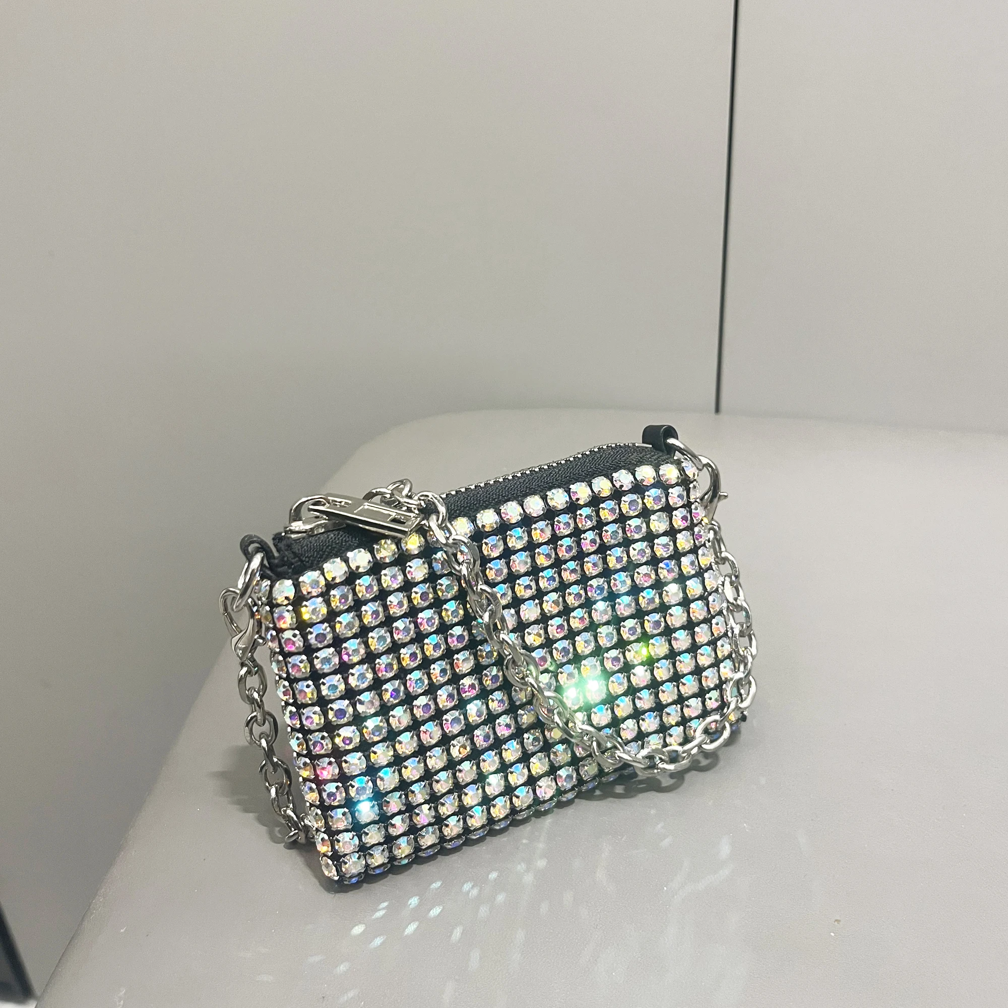 Mini Smal Bag Shiny Rhinestone Coin Purse Short Chain Coin Bag Handle Small Card Bag Handle Woman\'s  purse Design handmade