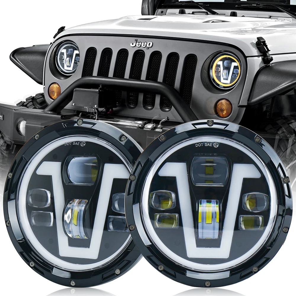 

MOVOTOR 7 Inch Round Headlight With V Shape DRL Turn Signal High Low Beam 50W Headlight For JK CJ TJ JKU Hummer H1 H2