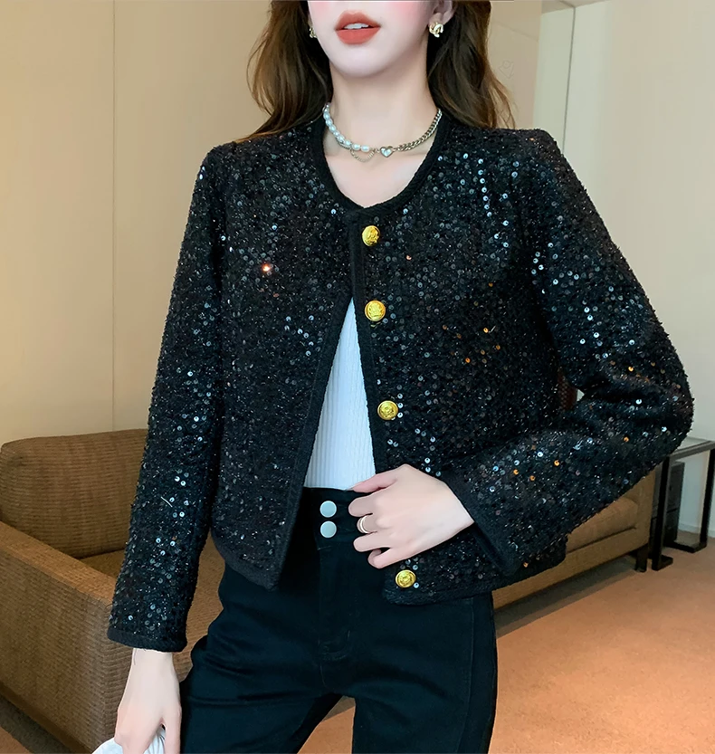 

High Quality New Autumn Black Glitter Sequined Long Sleeve Jacket Tops Luxury Women O Neck Golden Button Pockets Slim Short Coat