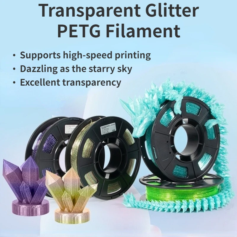 

Glitter Clear PETG Filament 1.75mm,Sparkle Shiny Galaxy Transparent PETG Filament 1kg, Rainbow/Blue/Green/Blue-purple/Grey