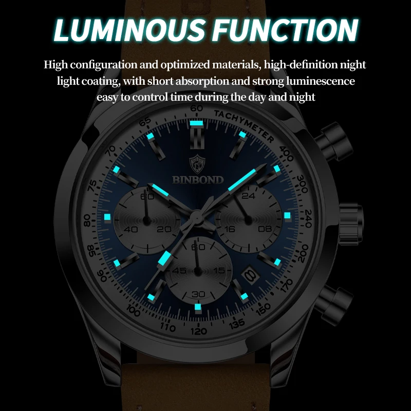 BINBOND B380 ساعة كوارتز جلدية فاخرة للرجال مضيئة مقاوم للماء موضة عادية متعددة الوظائف الموقت رجال الأعمال ساعة