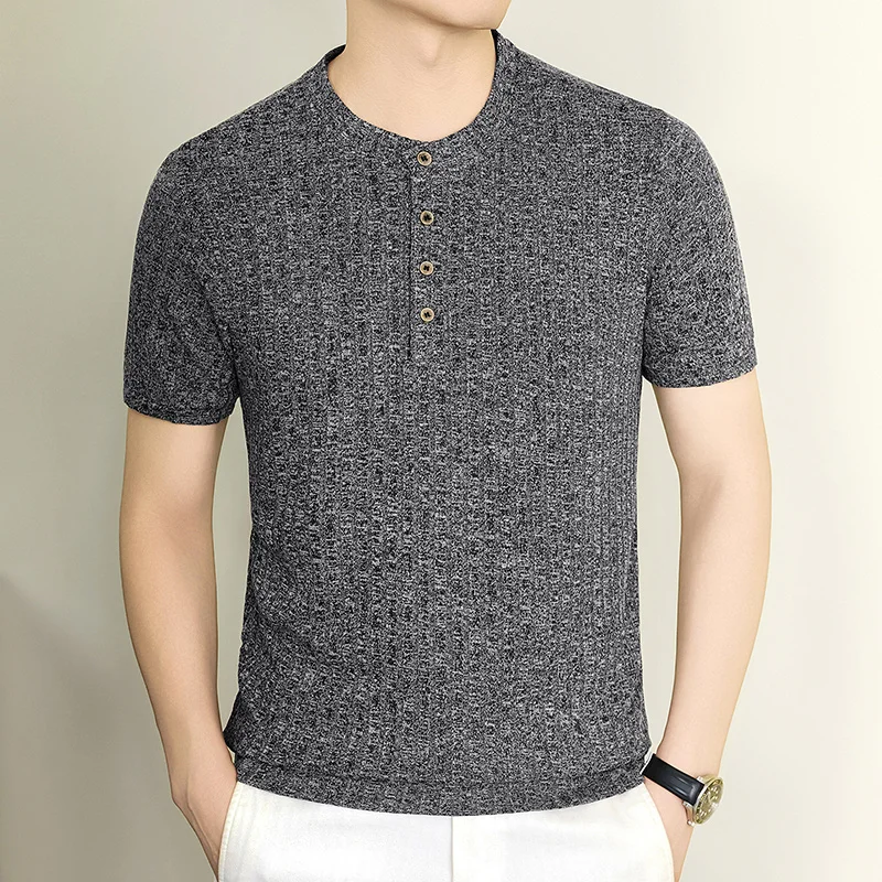 Herren Henley-Kragen Vertikal Geripptes Kurzarm-Strick-T-Shirt Lässige Oberteile Dehnbar Atmungsaktiv Knitterfrei Sommerkleidung – Detail 7