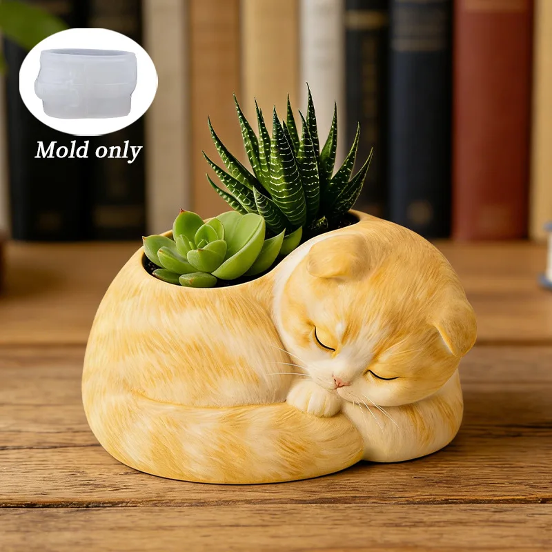 New Mould Curled-Up Sleeping Cat Scented Candle Cup Silicone Mold Flower Pot Ornament Plaster Cup DIY Resin Storage Decor Molds