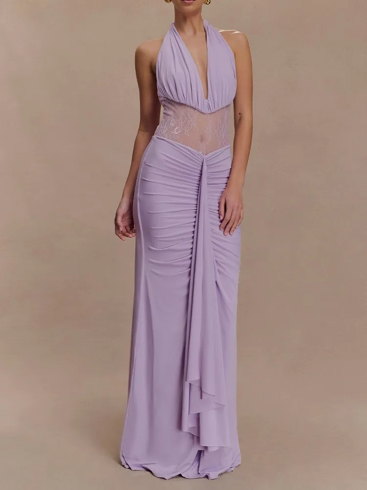 

Dresses For Woman Elegant Deep V Vestidos Sexy Halter Neck Long Evening Dress Hollow Out Backless Robe See Through Lace Trendy