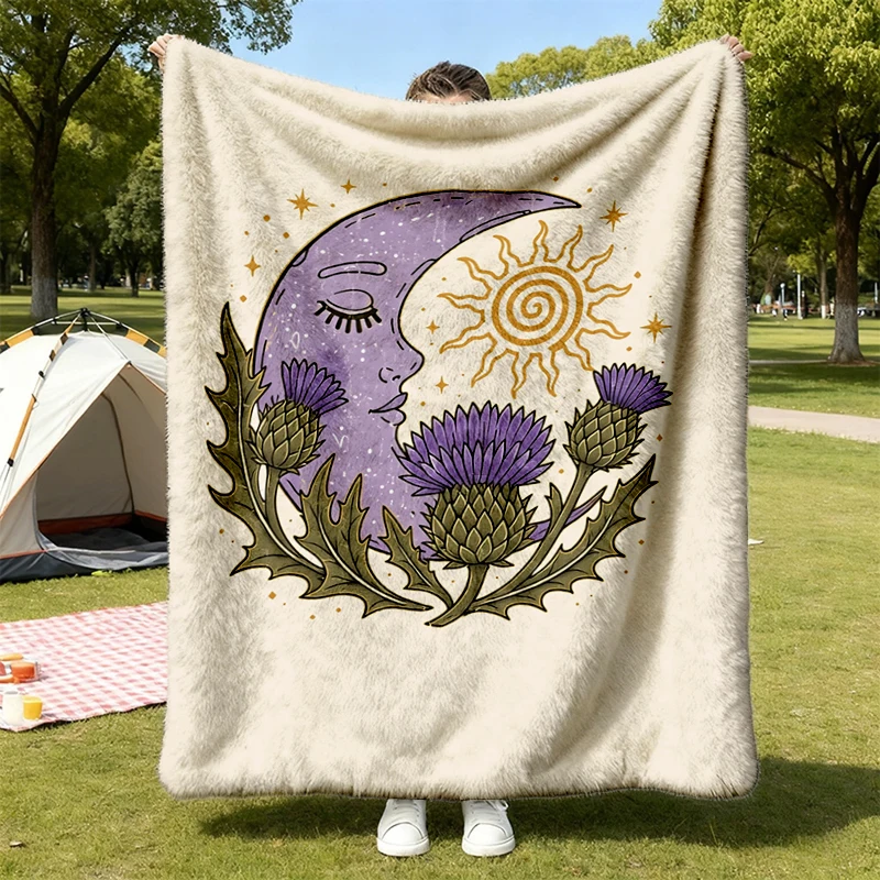 Scottish Thistle Moon Flannel Blanket Celestial Floral Flannel Throw Cottagecore Sun Stars Retro Cozy Blanket Witchy