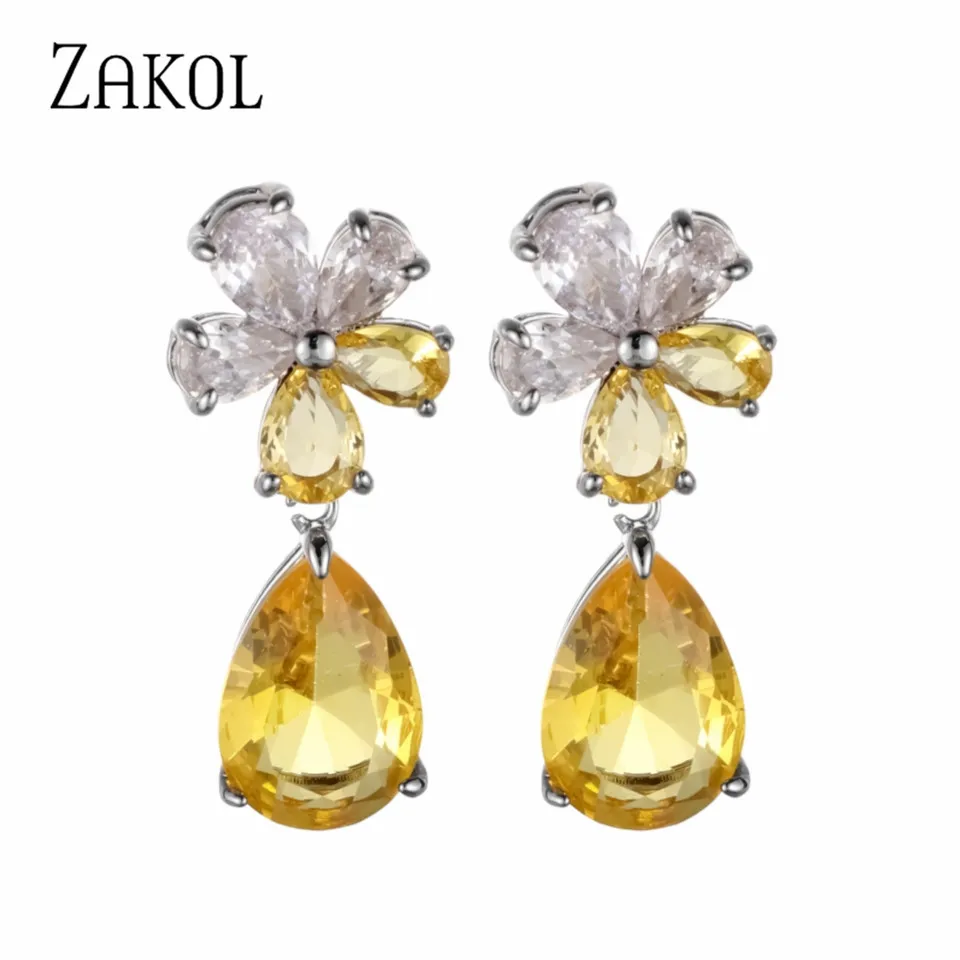 

ZAKOL New Elegant Water Drop Flower Cubic Zirconia Earrings Bling Yellow CZ Dangle Luxury Women Wedding Engagement Jewelry