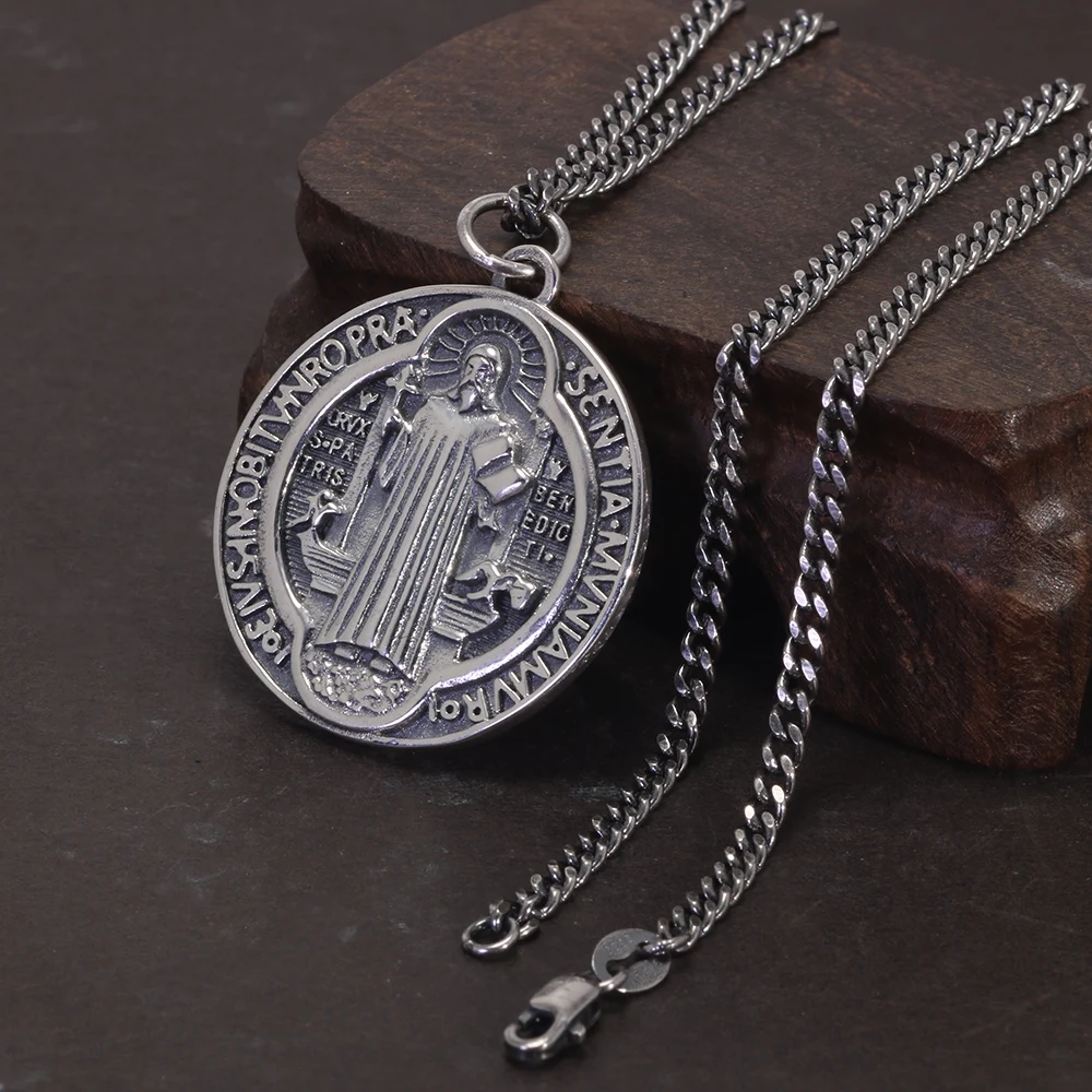 Vintage 925 Sterling Silver Saint Benedict Medallion Cross Pendant Necklace Catholic Exorcism Amulet Men and Women