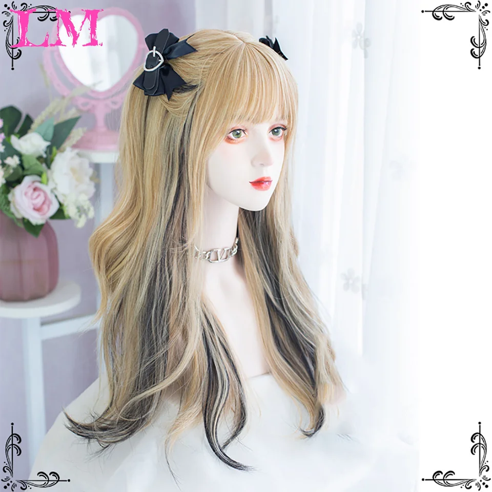 

LM Long Straight Hair Synthetic Wig Girl Pink White Gradient Bangs Cosplay Lolita Party Heat-resistant Wigs