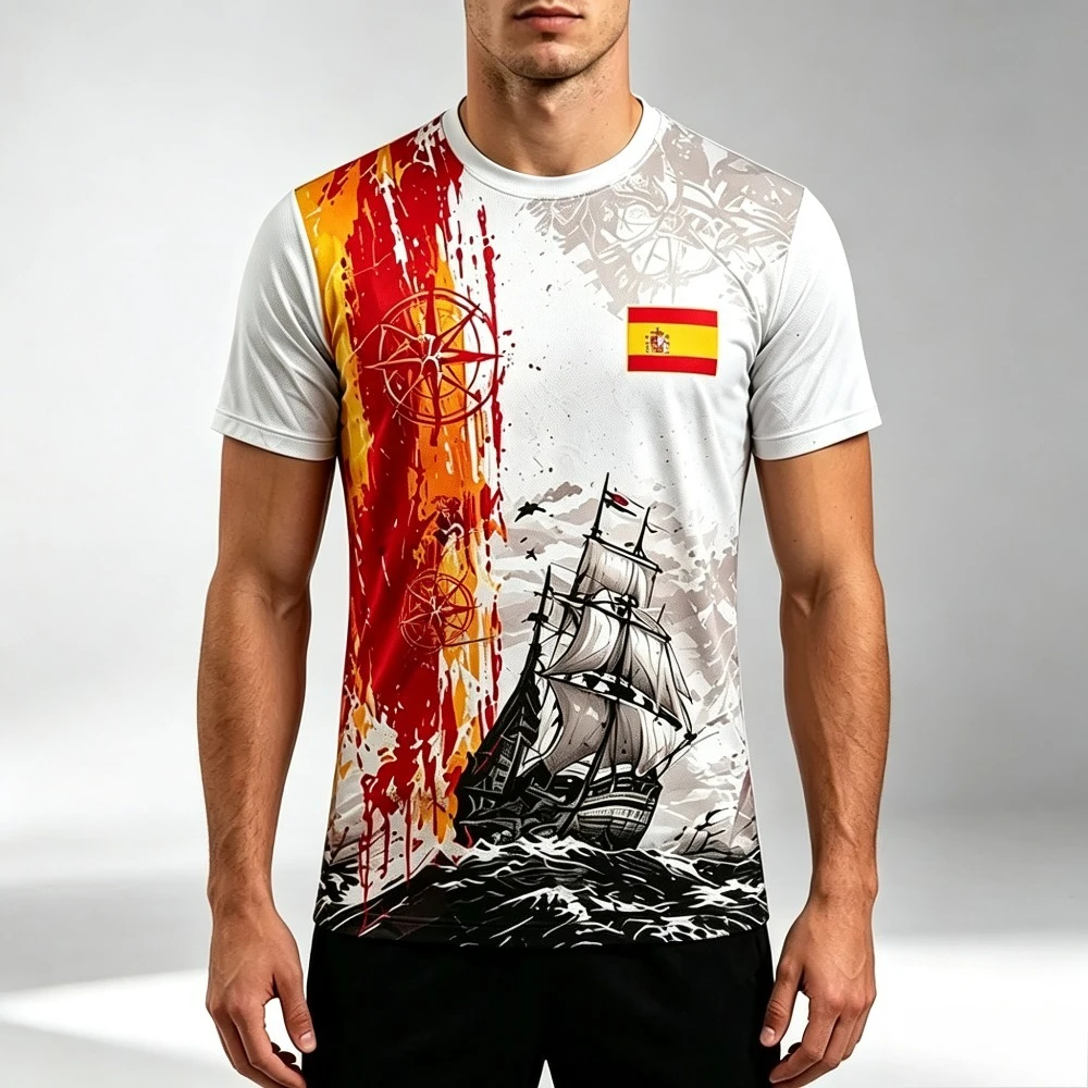 4 Estilos de Camisetas de Fútbol con Estampado de Toro/Flamenco/Barco de Vela, Número 19 de ESPAÑA, Camiseta Deportiva de Manga Corta para Hombre