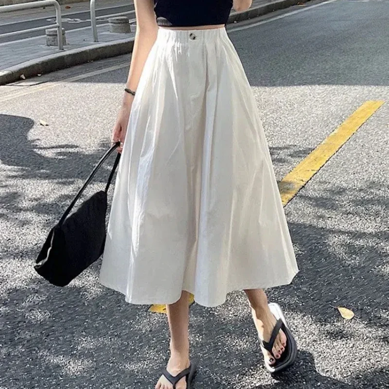 Spring Autumn New Fashion Solid Color Elastic Waist Cargo Women's Clothing Trend Korean Sweet Button Simplicity Buttons Skirts