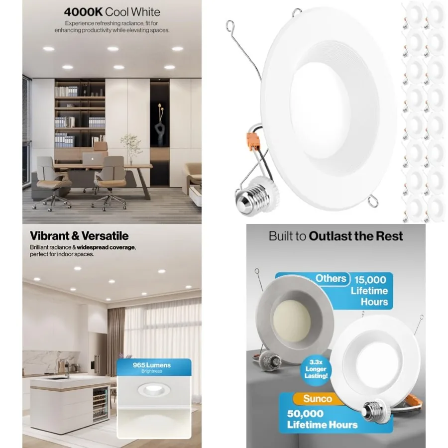 Sunco 16 Pack Retrofit LED Recessed Lightg 6 ch, Downlight Can Lights for Ceilg, Baffle Trim, 965 LM, 13W 120W Equivalent,000K