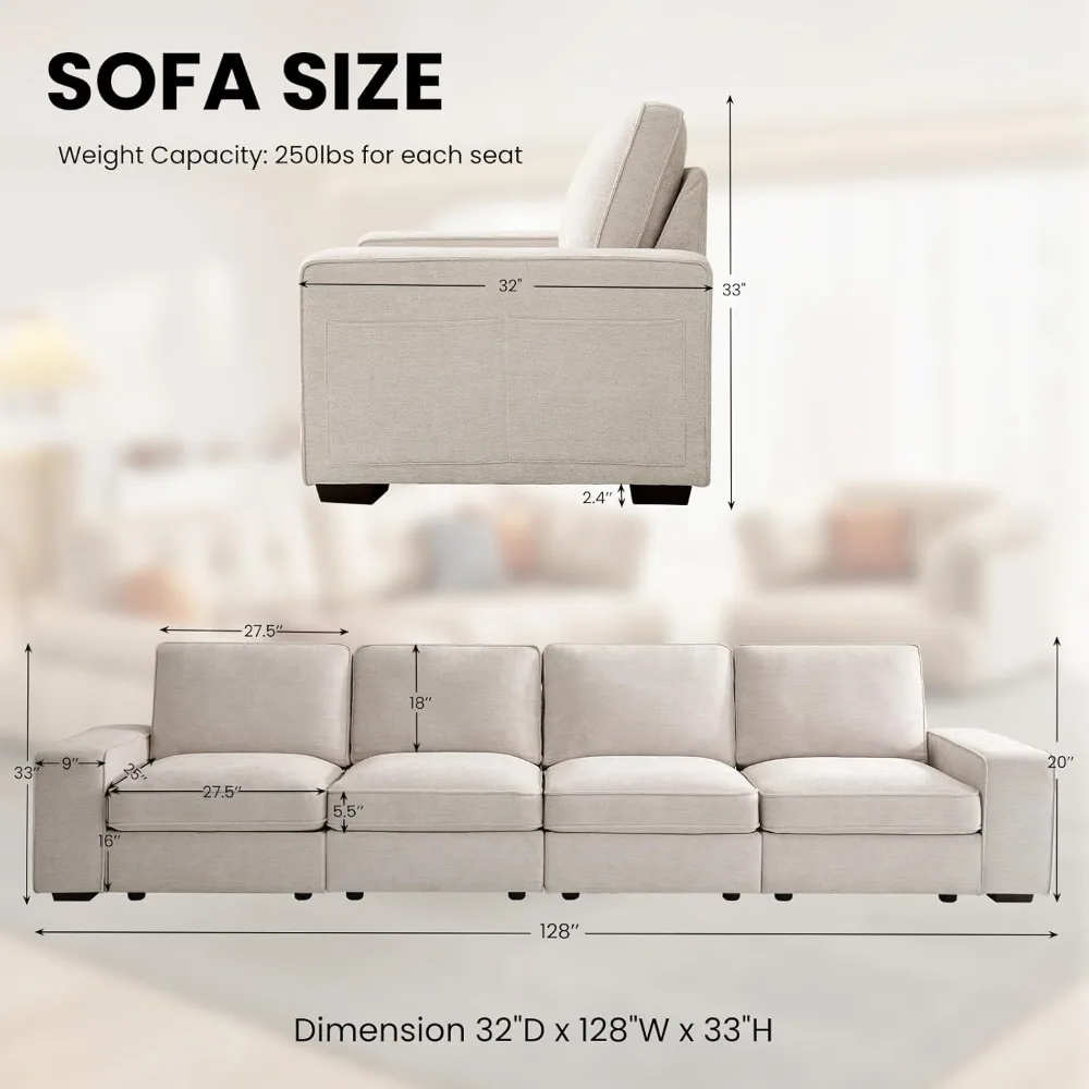 128-inch modular sofa with large seat storage, chenille sofa for 4, split sofa with deep seat, wide armrests, USB port